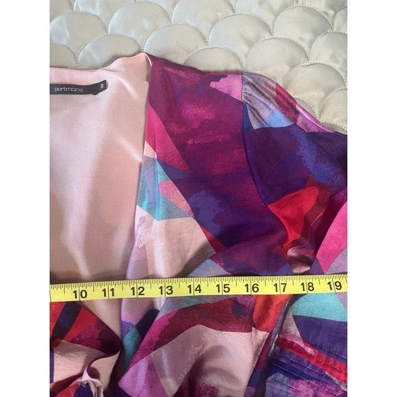 Portmans Blouse Womens 8 Navy Blue Pink Floral Wrap Waist Tie Balloon Sleeve - Picture 5 of 8